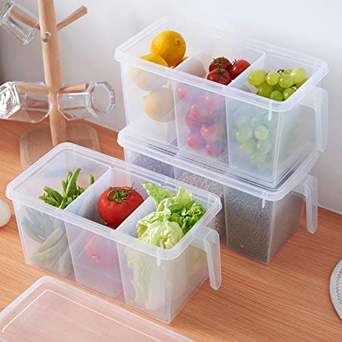 Transparent 3 Section Food Storage Box, Square Handle Food Storage Container, Plastic Divided Kitchen Organizer Bin, Multipurpose Fridge Storage Boxes with Lid and 3 Bins Transparent 3 Section Food Storage Box, Square Handle Food Storage Container, Plastic Divided Kitchen Organizer Bin, Multipurpose Fridge Storage Boxes with Lid and 3 Bins